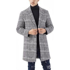 Men's Notch Lapel Trench Coat Single Breasted Plaid Black White